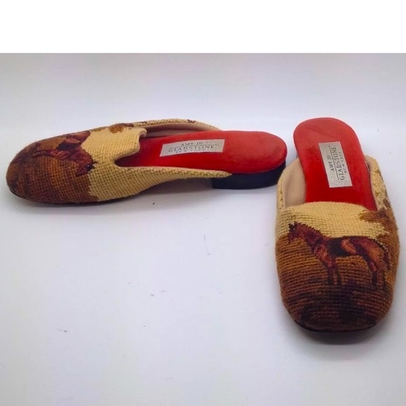 GLADSTONE🐎Equestrian Horse🐎Needlepoint Flats Slides 8 Original Box Very RARE! - Picture 7 of 12